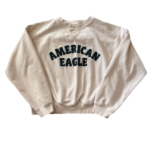 American Eagle Outfitters Sweaters - American Eagle Beige Crewneck Sweatshirt Fleece Pullover Logo Appliqué Size SM